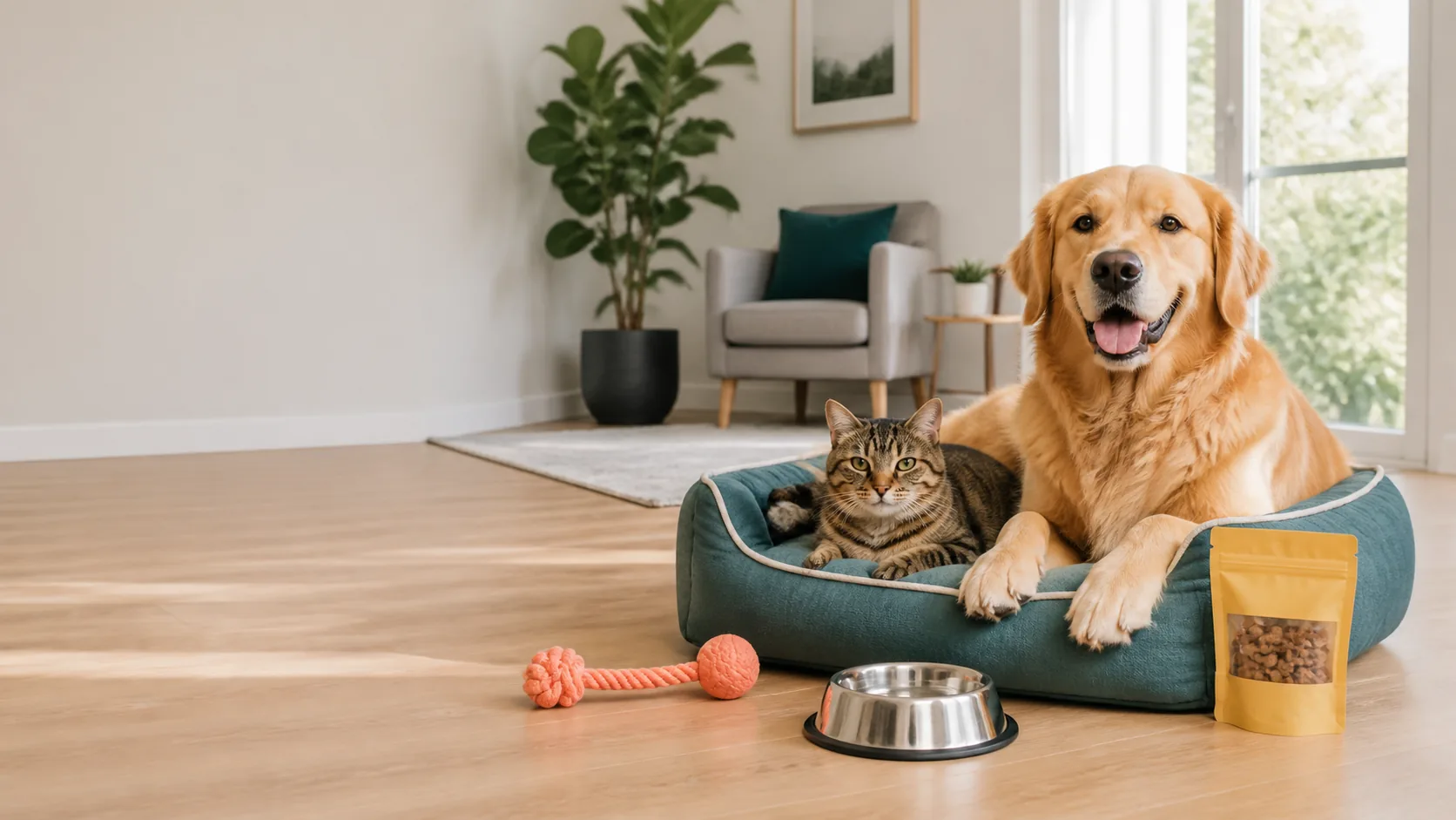 Golden retriever and tabby cat relaxing with pet essentials